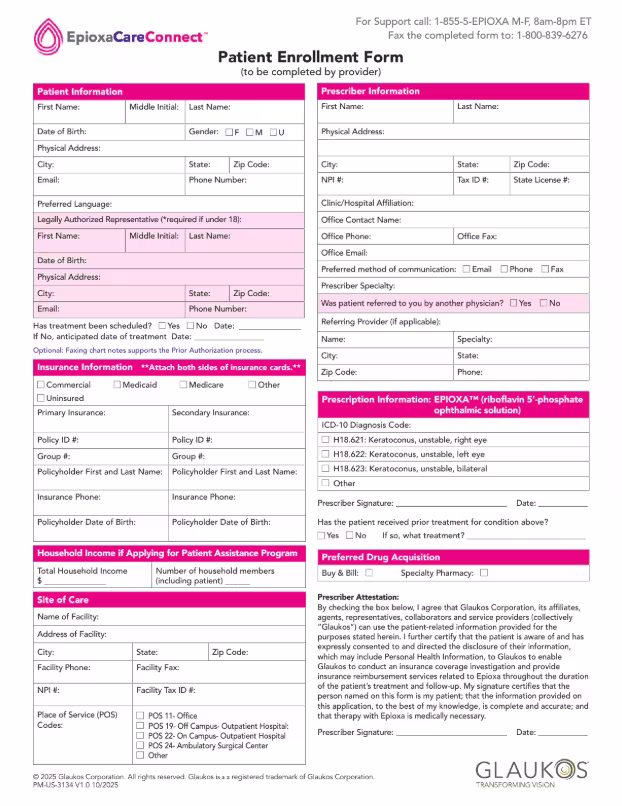EpioxaCareConnect Patient Enrollment Form - HCP cover sheet